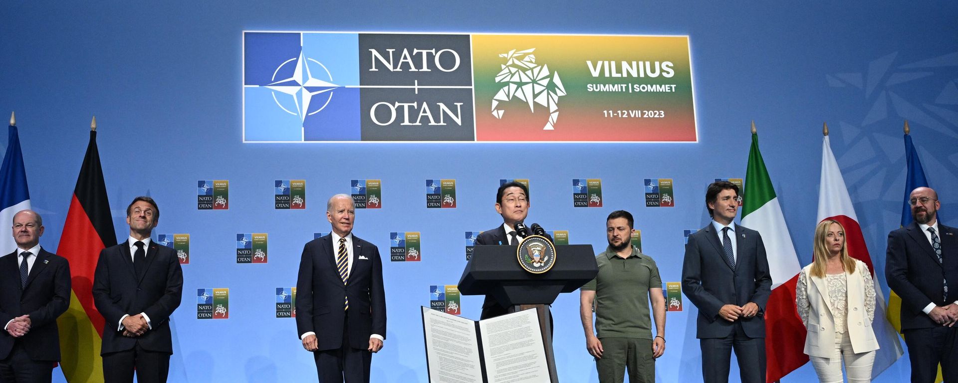 Japan's Prime Minister Fumio Kishida delivers a speech during an event with G7 leaders to announce a Joint Declaration of Support for Ukraine during the NATO Summit in Vilnius on July 12, 2023.  - Sputnik International, 1920, 12.07.2023