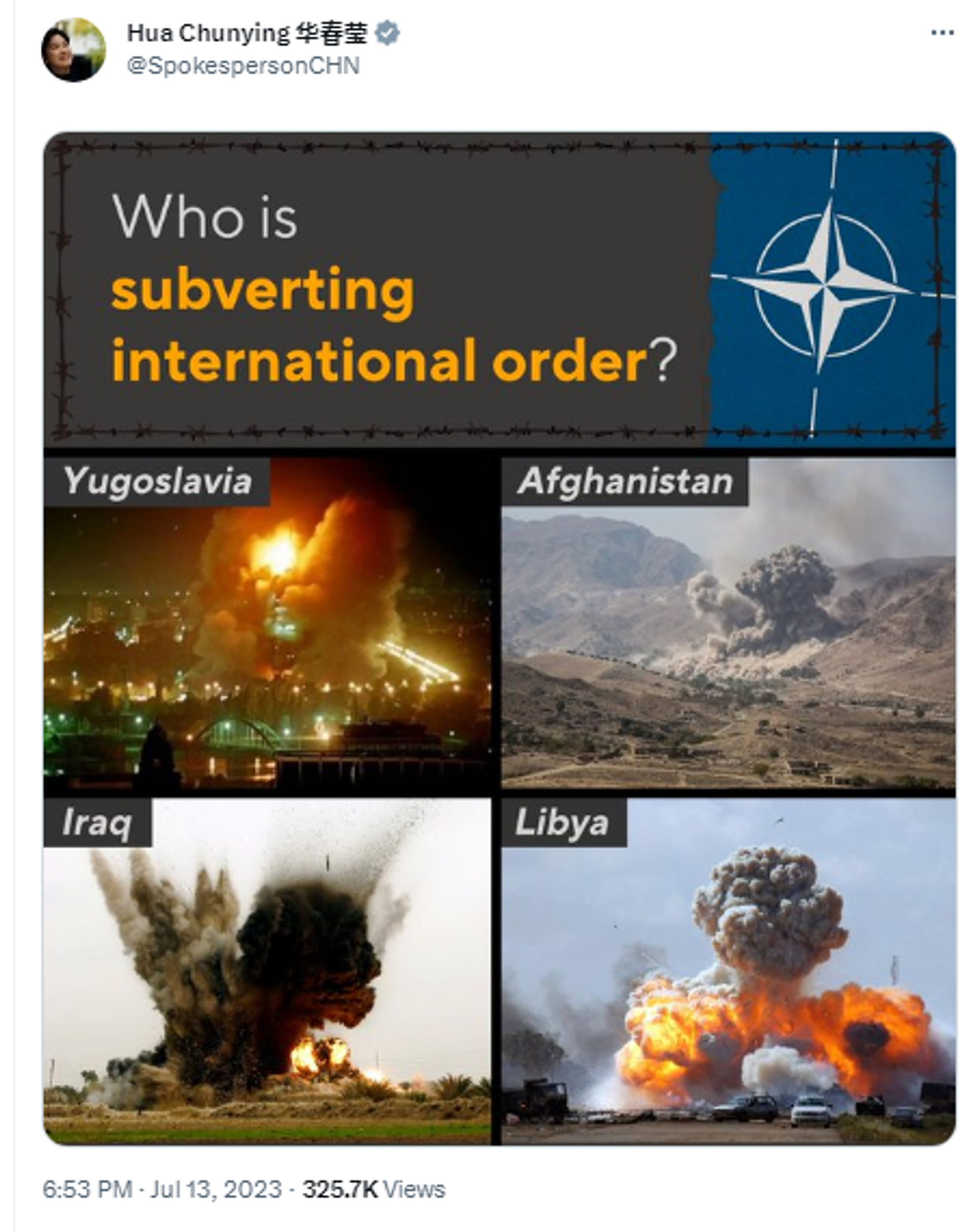 Screengrab of Twitter post by Chinese Foreign Ministry Spokesperson Hua Chunying featuring photographs of NATO bombings carried out in Afghanistan, Iraq, Libya and Yugoslavia. Screengrab of Twitter post by Chinese Foreign Ministry Spokesperson Hua Chunying featuring photographs of NATO bombings carried out in Afghanistan, Iraq, Libya and Yugoslavia. - Sputnik International, 1920, 15.07.2023