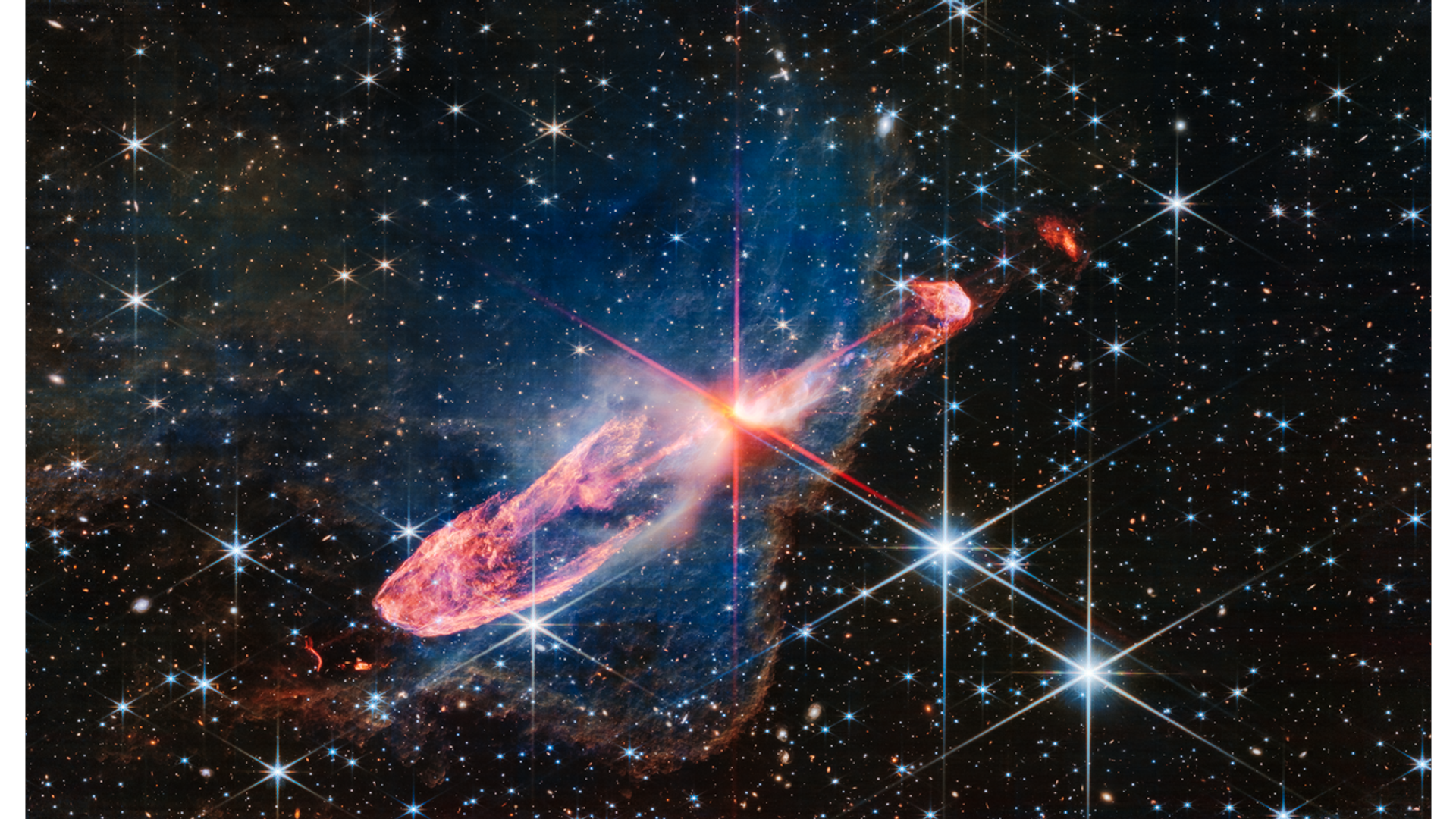 NASA’s James Webb Space Telescope has captured a tightly bound pair of actively forming stars, known as Herbig-Haro 46/47, in high-resolution near-infrared light. Look for them at the center of the red diffraction spikes. The stars are buried deeply, appearing as an orange-white splotch. They are surrounded by a disk of gas and dust that continues to add to their mass. NASA’s James Webb Space Telescope has captured a tightly bound pair of actively forming stars, known as Herbig-Haro 46/47, in high-resolution near-infrared light. Look for them at the center of the red diffraction spikes. The stars are buried deeply, appearing as an orange-white splotch. They are surrounded by a disk of gas and dust that continues to add to their mass. - Sputnik International, 1920, 26.07.2023