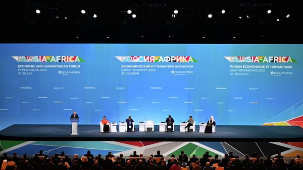 Russian President Vladimir Putin giving a speech during the plenary session of the second Russia-Africa summit in Saint Petersburg on July 27, 2023. (Photo by Pavel BEDNYAKOV / POOL / AFP) - Sputnik International