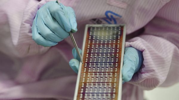 This photo taken on February 28, 2023 shows a worker producing semiconductor chips at a workshop in Suqian, in China's eastern Jiangsu province - Sputnik International