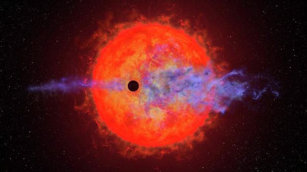 This artist's illustration shows a planet (dark silhouette) passing in front of the red dwarf star AU Microscopii. The planet is so close to the eruptive star a ferocious blast of stellar wind and blistering ultraviolet radiation is heating the planet's hydrogen atmosphere, causing it to escape into space. Four times Earth's diameter, the planet is slowly evaporating its atmosphere, which stretches out linearly along its orbital path. This process may eventually leave behind a rocky core. The illustration is based on measurements made by the Hubble Space Telescope. - Sputnik International