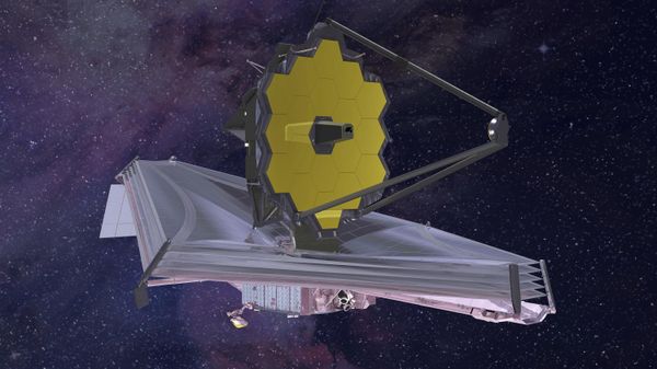 This 2015 artist's rendering provided by Northrop Grumman via NASA shows the James Webb Space Telescope. The telescope is designed to peer back so far that scientists will get a glimpse of the dawn of the universe about 13.7 billion years ago and zoom in on closer cosmic objects, even our own solar system, with sharper focus.  - Sputnik International