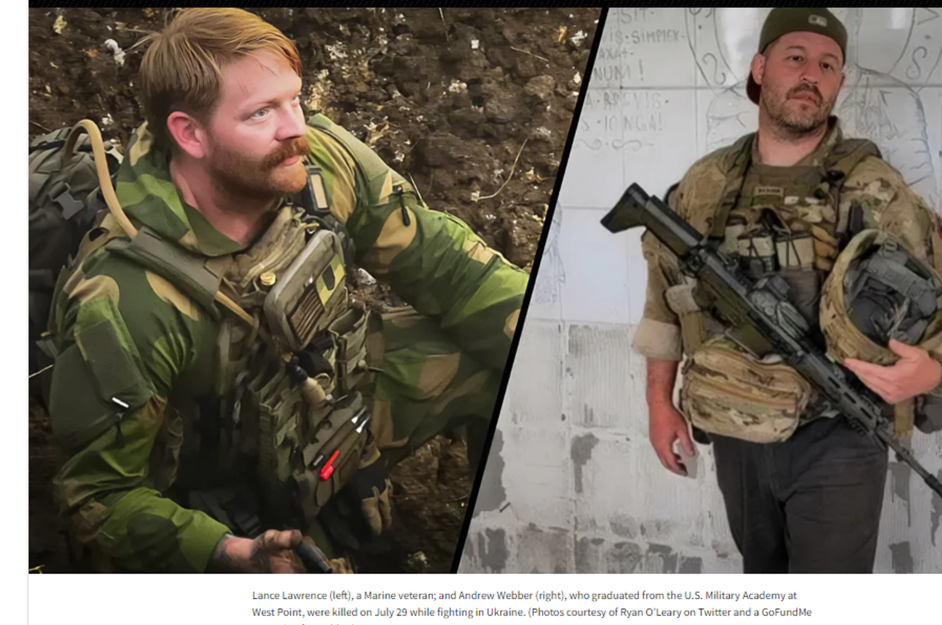 Screengrab showing Lance Lawrence (left), a US Marine veteran; and Andrew Webber (right), who were killed on July 29, 2023, while fighting in Ukraine. (Photos courtesy of Ryan O’Leary on X, and a GoFundMe campaign for Webber). Screengrab showing Lance Lawrence (left), a US Marine veteran; and Andrew Webber (right), who were killed on July 29, 2023, while fighting in Ukraine. (Photos courtesy of Ryan O’Leary on X, and a GoFundMe campaign for Webber). - Sputnik International, 1920, 08.08.2023