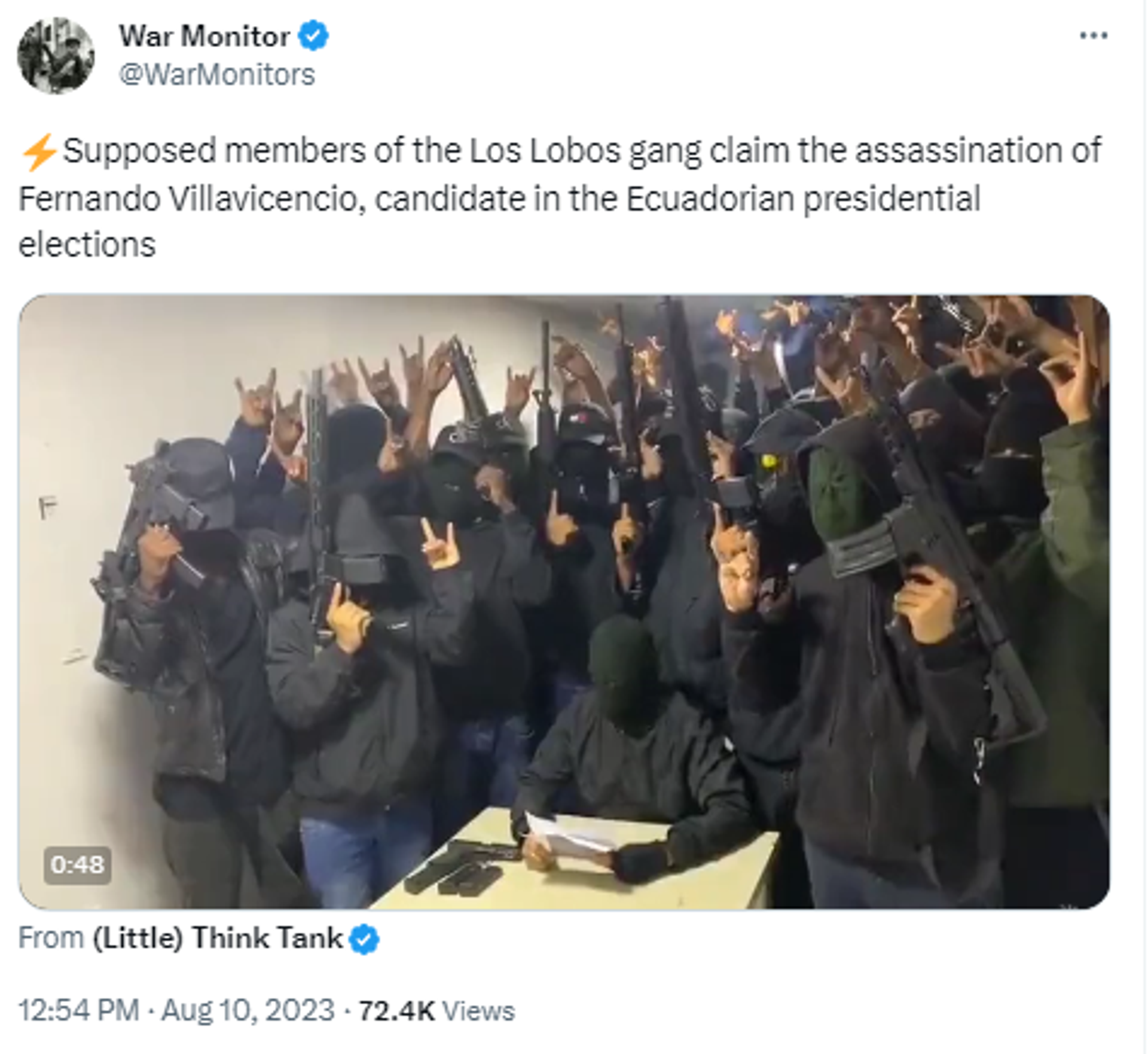 Twitter screengrab purportedly showing gang members of Los Lobos, from Ecuador. Twitter screengrab purportedly showing gang members of Los Lobos, from Ecuador. - Sputnik International, 1920, 10.08.2023