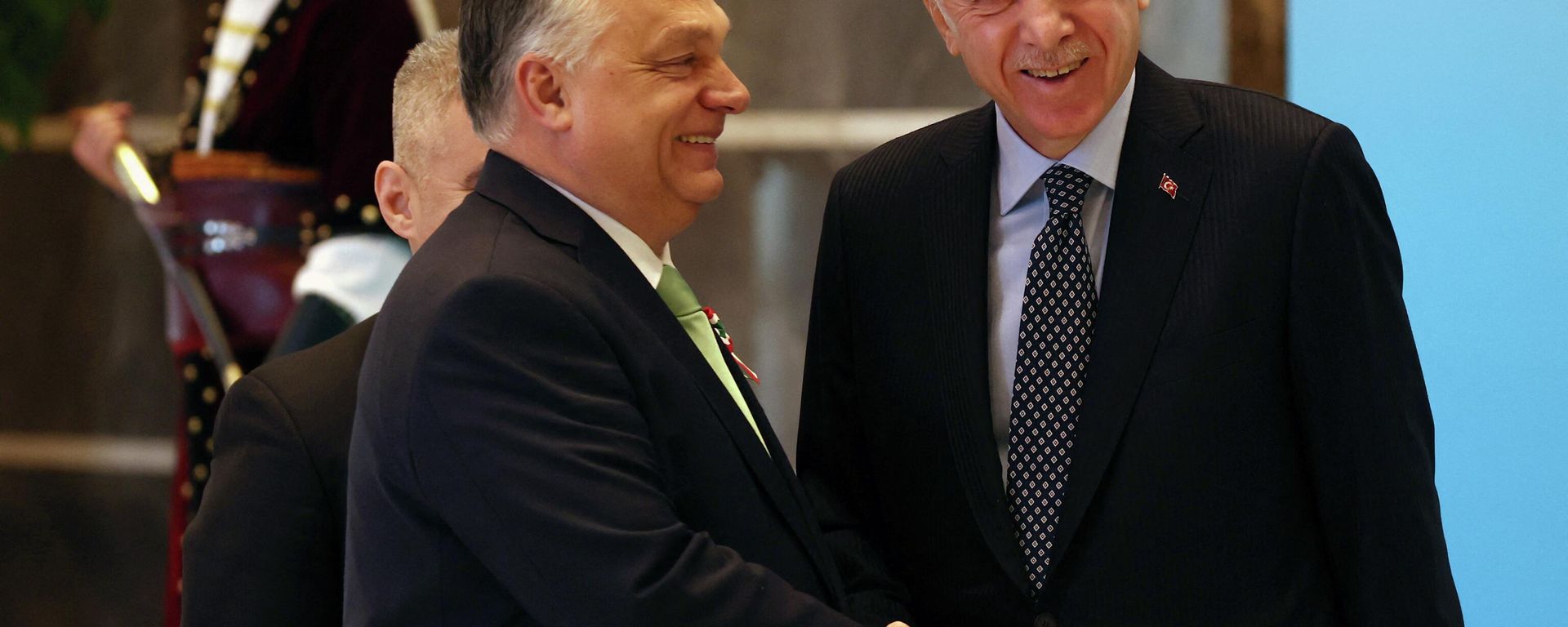 Turkish President Recep Tayyip Erdogan (R) and Hungarian Prime Minister Viktor Orban (L) shake hands during an Extraordinary Summit of the Heads of State of the Organization of Turkic States (OTS), in Ankara, on March 16, 2023. Turkish President Recep Tayyip Erdogan (R) and Hungarian Prime Minister Viktor Orban (L) shake hands during an Extraordinary Summit of the Heads of State of the Organization of Turkic States (OTS), in Ankara, on March 16, 2023. - Sputnik International, 1920, 11.08.2023