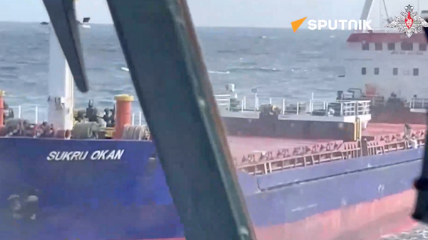 Footage of the work of the Russian inspection group of the Black Sea Fleet patrol ship Vasily Bykov on the Palau-flagged dry cargo ship Sukra Okan to the Ukrainian port of Izmail on August 13 - Sputnik International