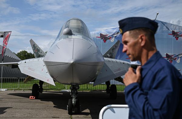 A Russian Su-57 fifth generation multifunctional fighter on display at the Army-2023 forum in Kubinka. - Sputnik International