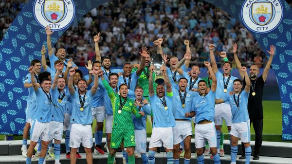 Manchester City players celebrate after winning the UEFA Super Cup Final soccer match between Manchester City and Sevilla at Georgios Karaiskakis stadium in Piraeus port, near Athens, Greece, Wednesday, Aug. 16, 2023.  - Sputnik International