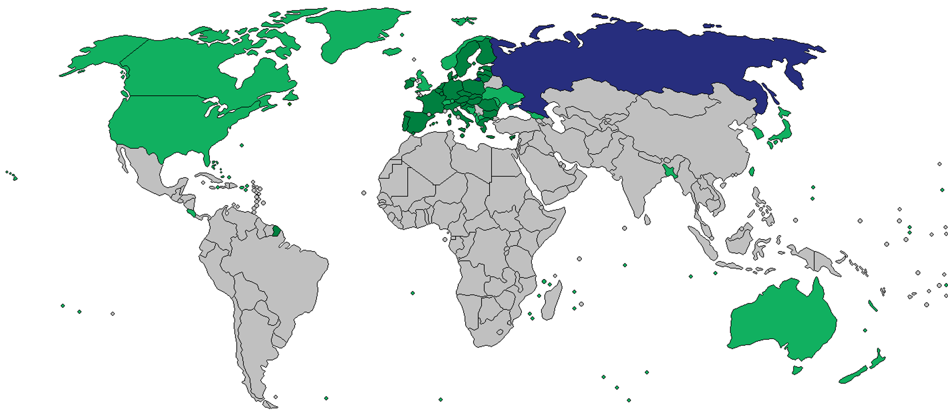 Map showing countries which have slapped sanctions on Russia (in green) after the escalation of the Donbass crisis into a full-blown NATO-Russia proxy war in Ukraine. The image shows that the vast majority of nations in the so-called Global South refrained from introducing restrictions on Moscow. Map showing countries which have slapped sanctions on Russia (in green) after the escalation of the Donbass crisis into a full-blown NATO-Russia proxy war in Ukraine. The image shows that the vast majority of nations in the so-called Global South refrained from introducing restrictions on Moscow. - Sputnik International, 1920, 17.08.2023
