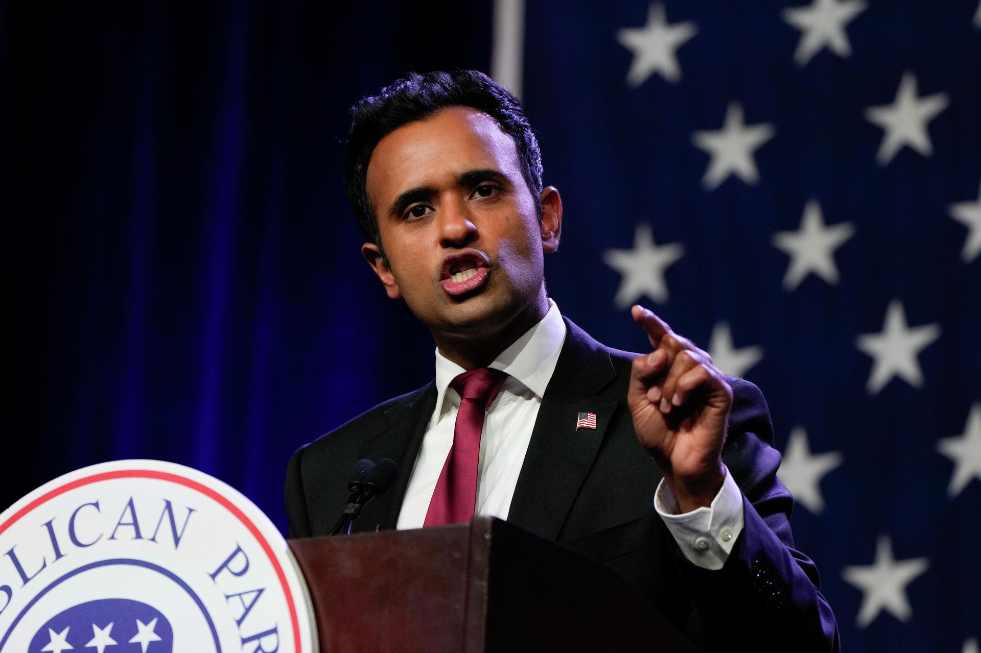 Republican presidential candidate businessman Vivek Ramaswamy speaks at the Republican Party of Iowa's 2023 Lincoln Dinner in Des Moines, Iowa, Friday, July 28, 2023. Republican presidential candidate businessman Vivek Ramaswamy speaks at the Republican Party of Iowa's 2023 Lincoln Dinner in Des Moines, Iowa, Friday, July 28, 2023. - Sputnik International, 1920, 03.12.2023