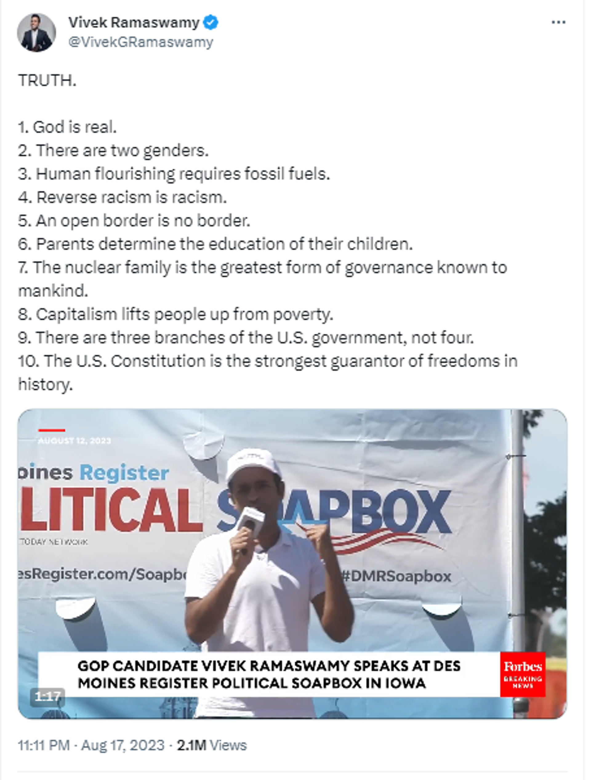 X post by Republican presidential candidate businessman Vivek Ramaswamy. - Sputnik International, 1920, 18.08.2023