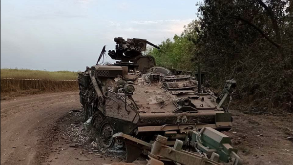 An X (formerly Twitter) screenshot of a burned-out M1132.  - Sputnik International