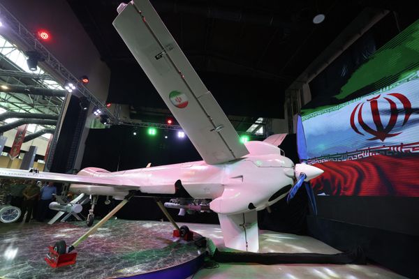 Pictured here is Iran's new Mohajer 10 drone during the nation's exhibition of defense industry achievements. - Sputnik International