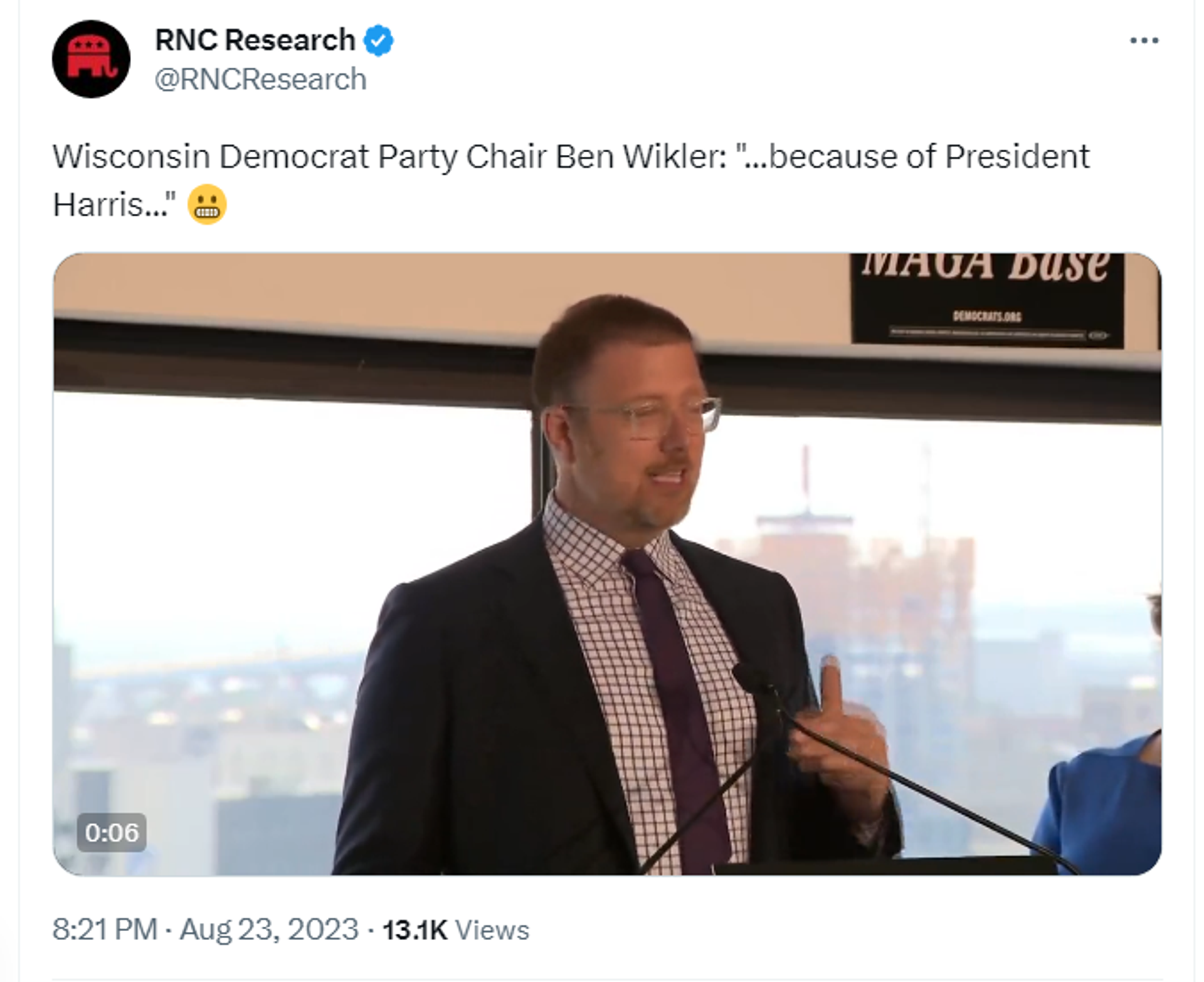 Screenshot of X post on account belonging to the Republican National Committee (RNC) featuring footage of remarks by chairman of the Democratic Party of Wisconsin, Ben Wikler. Screenshot of X post on account belonging to the Republican National Committee (RNC) featuring footage of remarks by chairman of the Democratic Party of Wisconsin, Ben Wikler. - Sputnik International, 1920, 24.08.2023