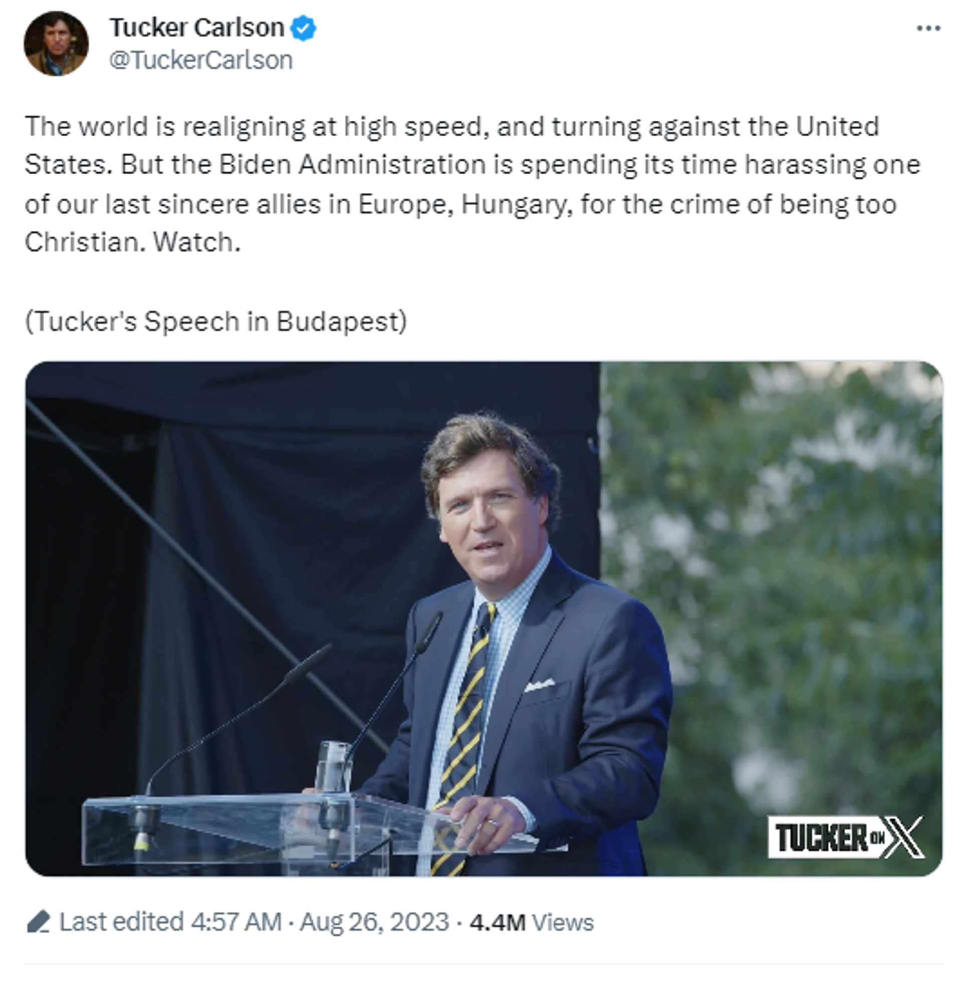 Screenshot of Tucker Carlson account on X, featuring footage from his speech in Hungary. Screenshot of Tucker Carlson account on X, featuring footage from his speech in Hungary. - Sputnik International, 1920, 27.08.2023