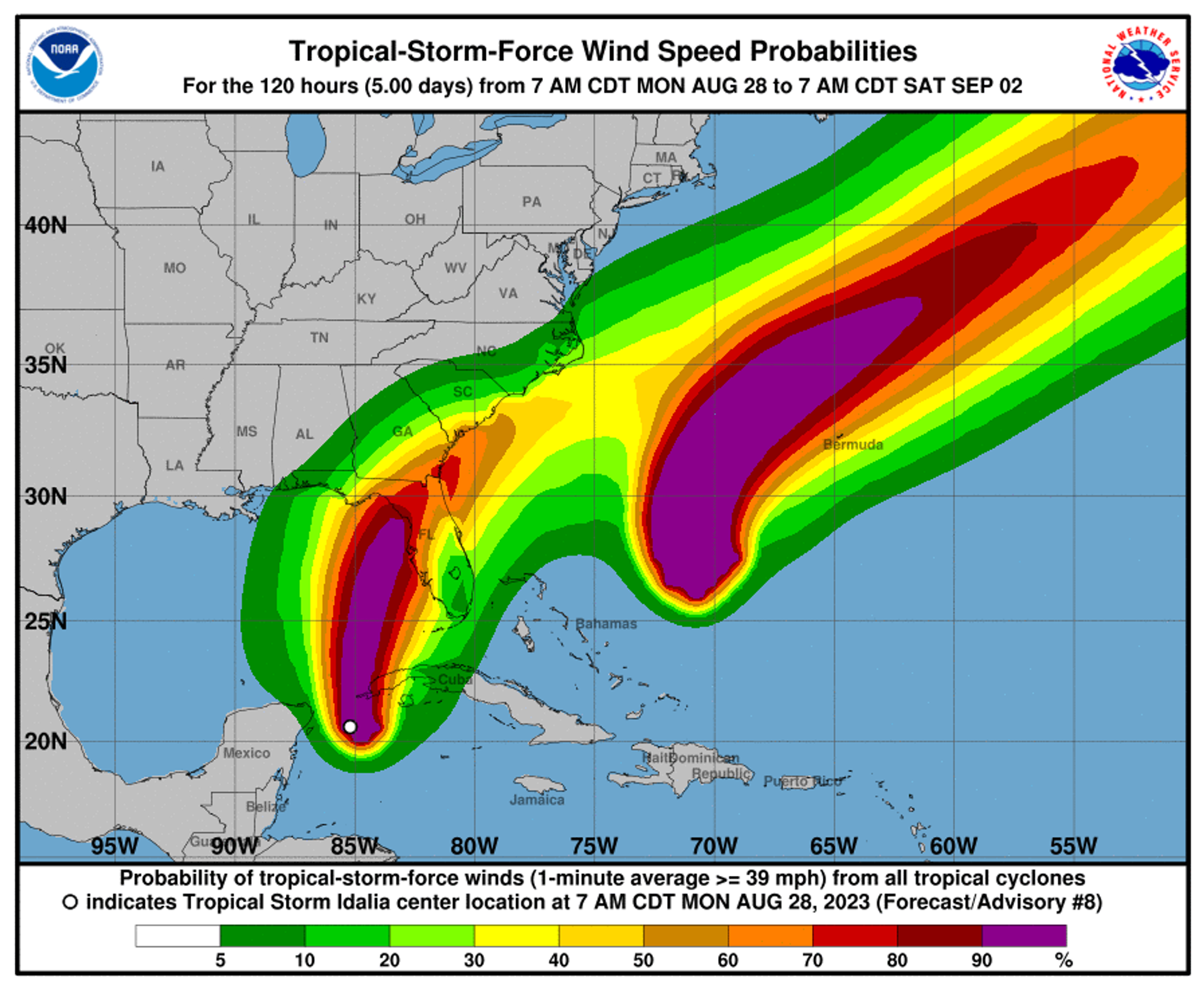 A map of areas likely to experience tropical-storm-force winds up to 5 days after August 28, 2023, showing Tropical Storm Idalia in the west and Hurricane Franklin in the east - Sputnik International, 1920, 28.08.2023