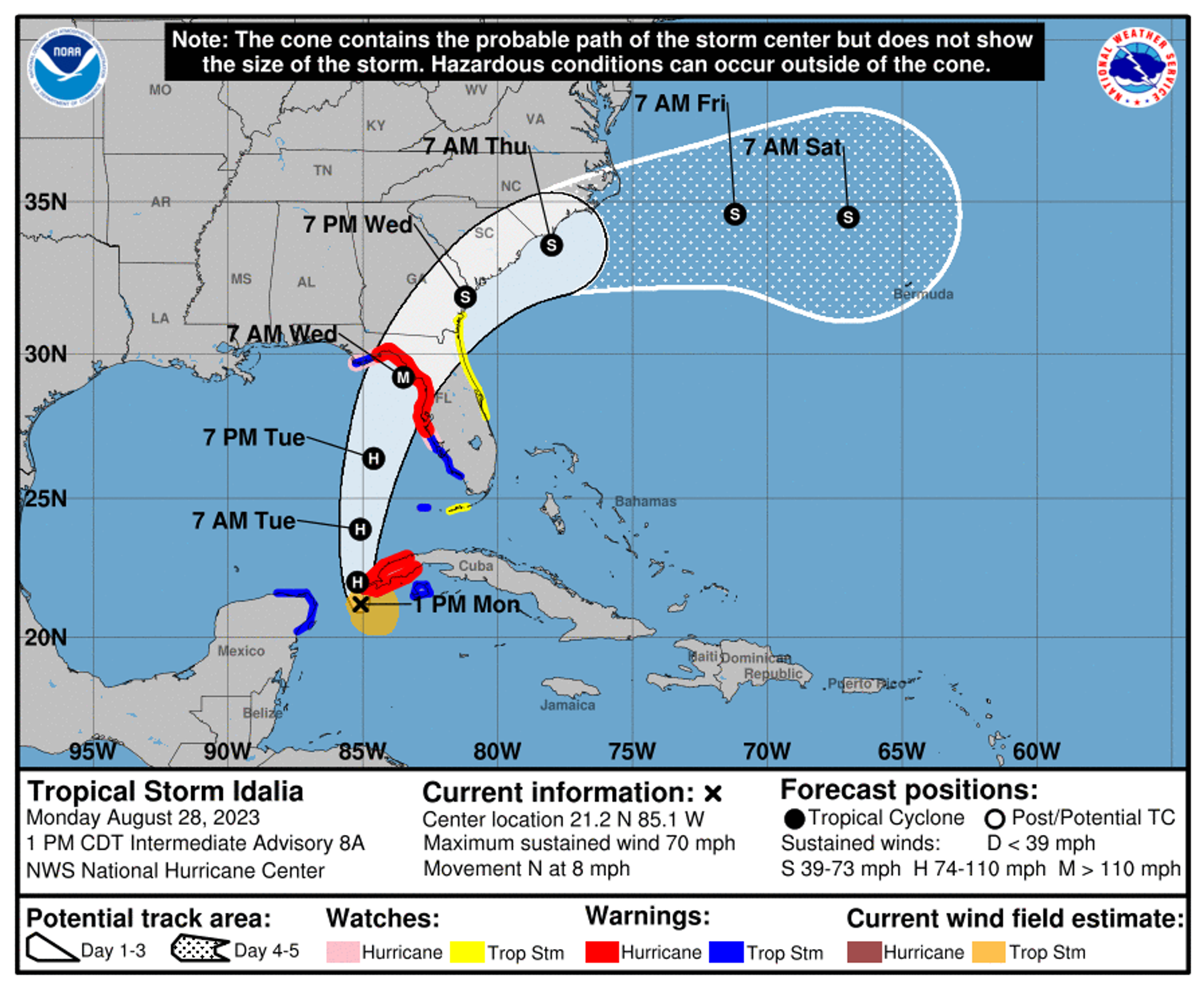 A five-day forecast from August 28, 2023, showing the likely path and strength of the eye of Tropical Storm Idalia. - Sputnik International, 1920, 28.08.2023