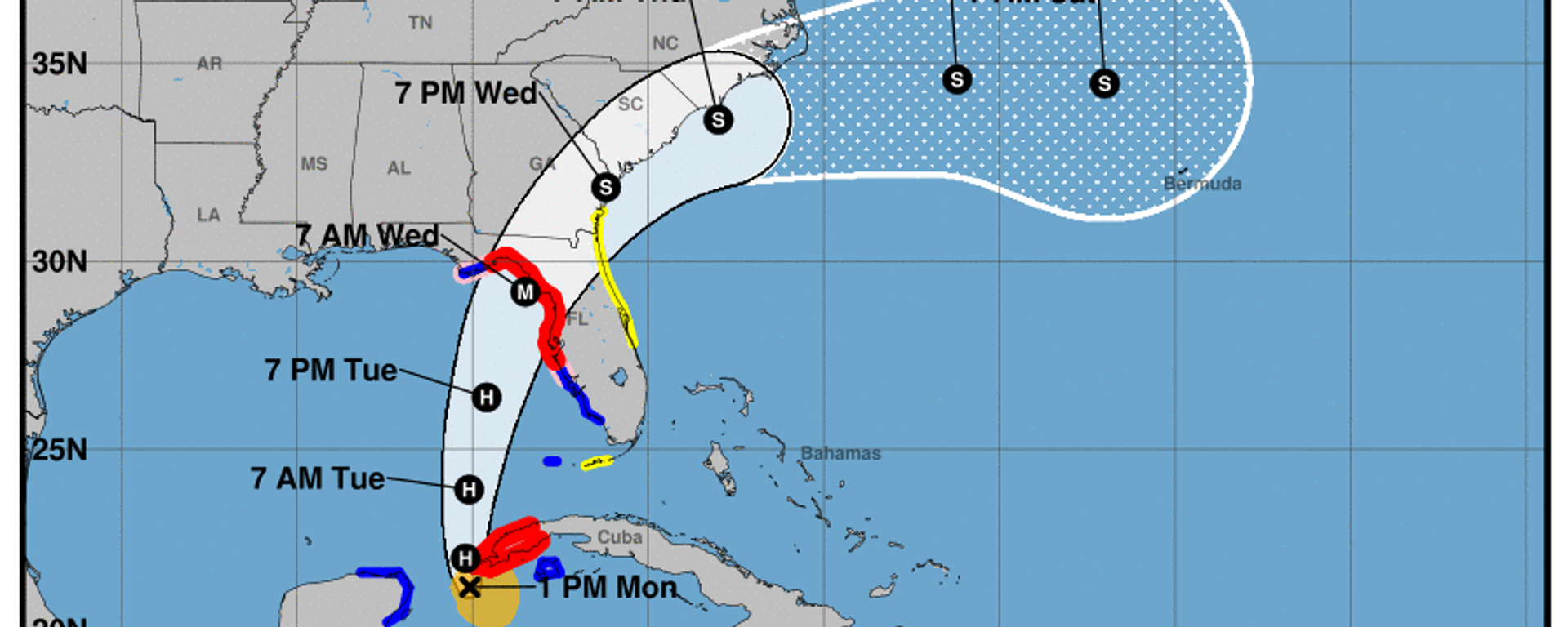 A five-day forecast from August 28, 2023, showing the likely path and strength of the eye of Tropical Storm Idalia. - Sputnik International, 1920, 30.08.2023