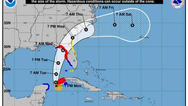 A five-day forecast from August 28, 2023, showing the likely path and strength of the eye of Tropical Storm Idalia. - Sputnik International