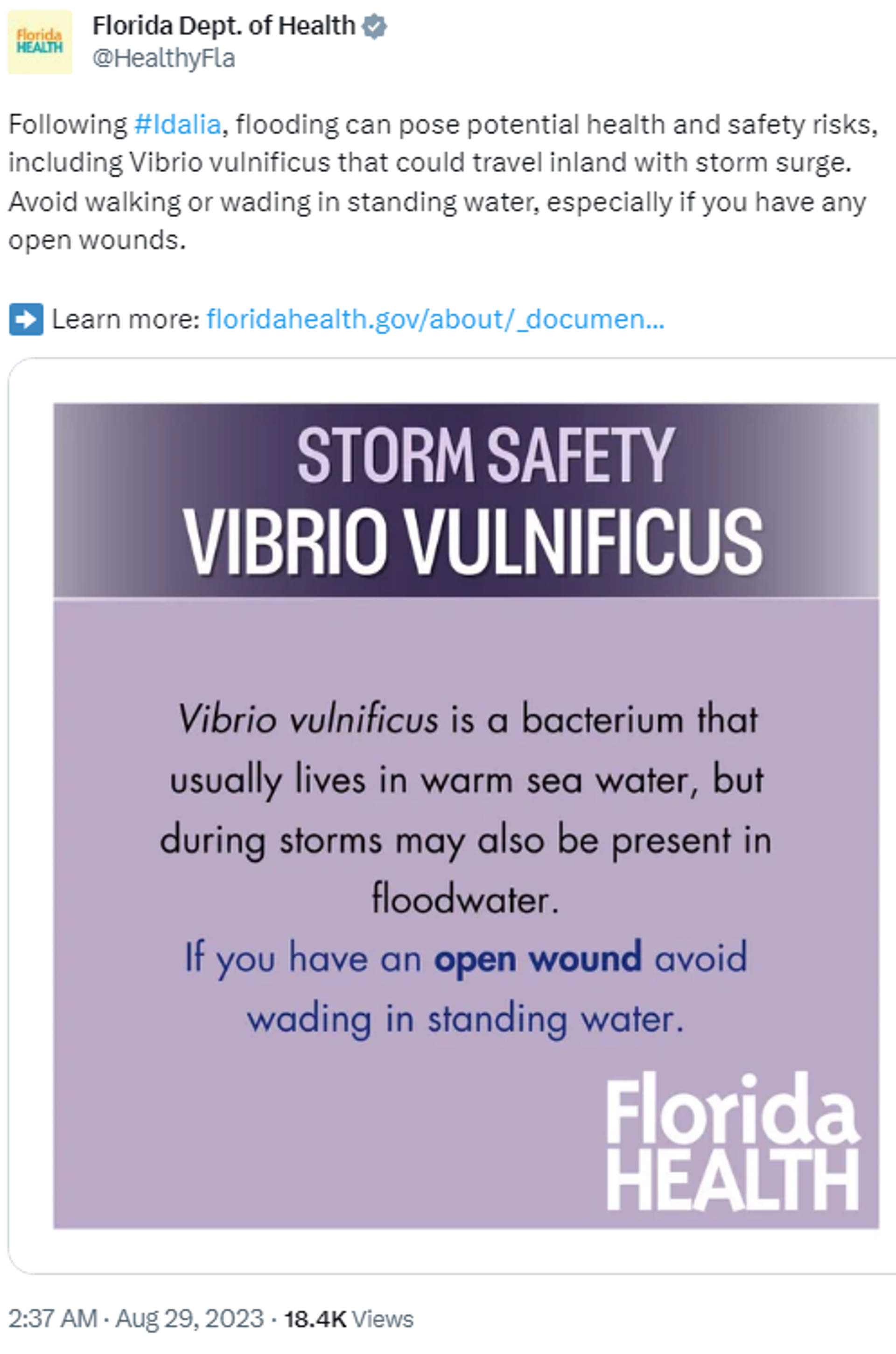 X Screenshot of health alert issued in Florida by the Department of Health over safety risks linked to flesh-eating Vibrio vulnificus bacteria. X Screenshot of health alert issued in Florida by the Department of Health over safety risks linked to flesh-eating Vibrio vulnificus bacteria. - Sputnik International, 1920, 02.09.2023