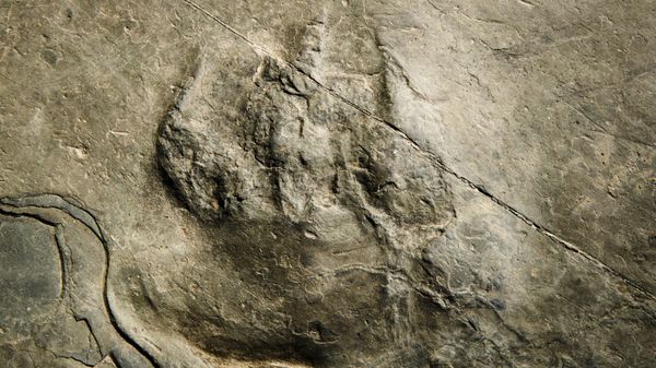 In this Feb. 28, 2019 photo, a fossilized footprint from a non-dinosaur reptile, a relative of the modern crocodile, is shown on a paving stone at the Valley Forge National Historical Park in Valley Forge, Pa. - Sputnik International