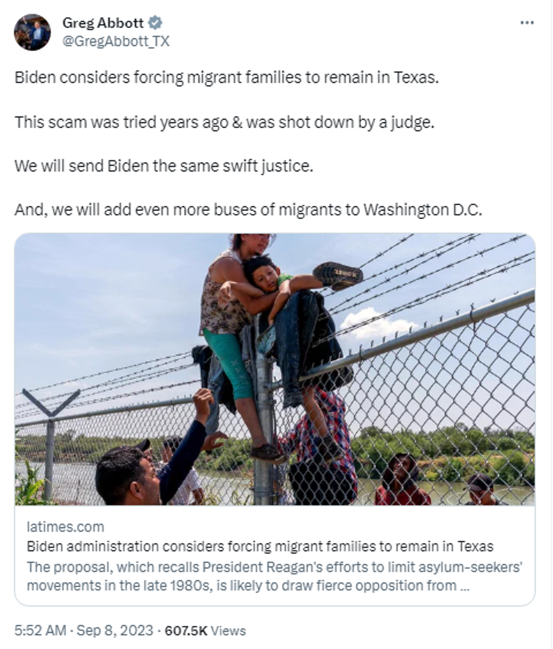 Screengrab of X post by Texas Governor Greg Abbott with link to report in LA Times. - Sputnik International, 1920, 09.09.2023