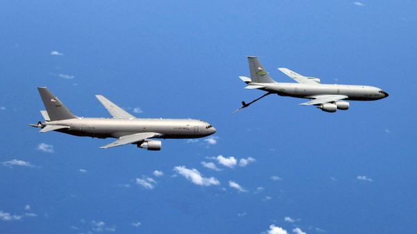 Aircrews from the 77th Air Refueling Squadron out of the 916th Air Refueling Wing flies two KC-135 Stratotankers to rendezvous with a KC-46A Pegasus from the 22 ARW operating out of Pease Air Force Base, Portsmouth, New Hampshire, Aug. 4, 2019. - Sputnik International