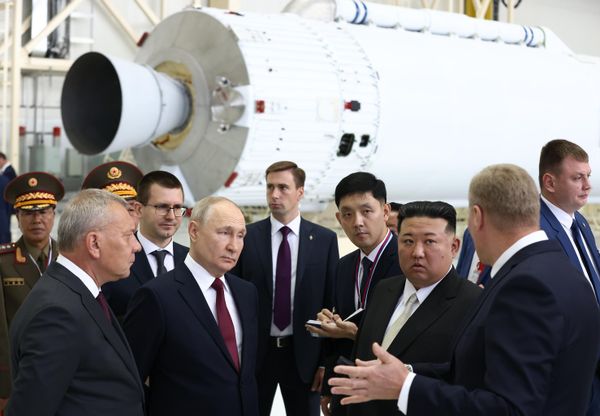 President Putin and Chairman Kim listen to an employee guiding them who tells about characteristics of rockets at the Vostochny Cosmodrome, September 13, 2023. In the foreground, on the left: Yury Borisov, the director general of Roscosmos State Space Corporation. - Sputnik International