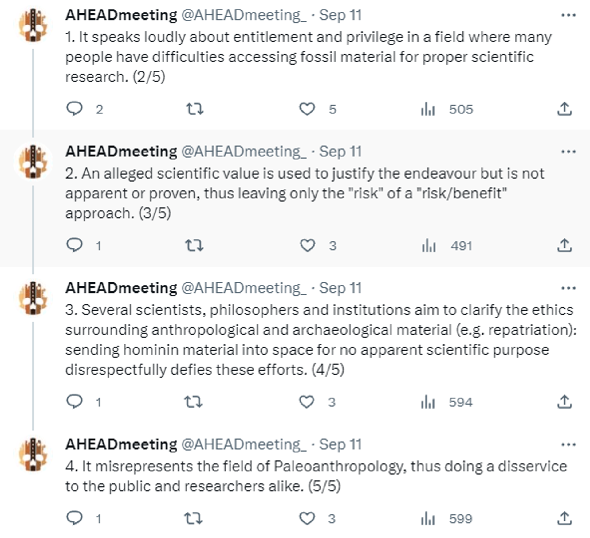 A screenshot of X-tread on 'Why does sending hominin specimens into space raise so much indignation?' - Sputnik International, 1920, 14.09.2023