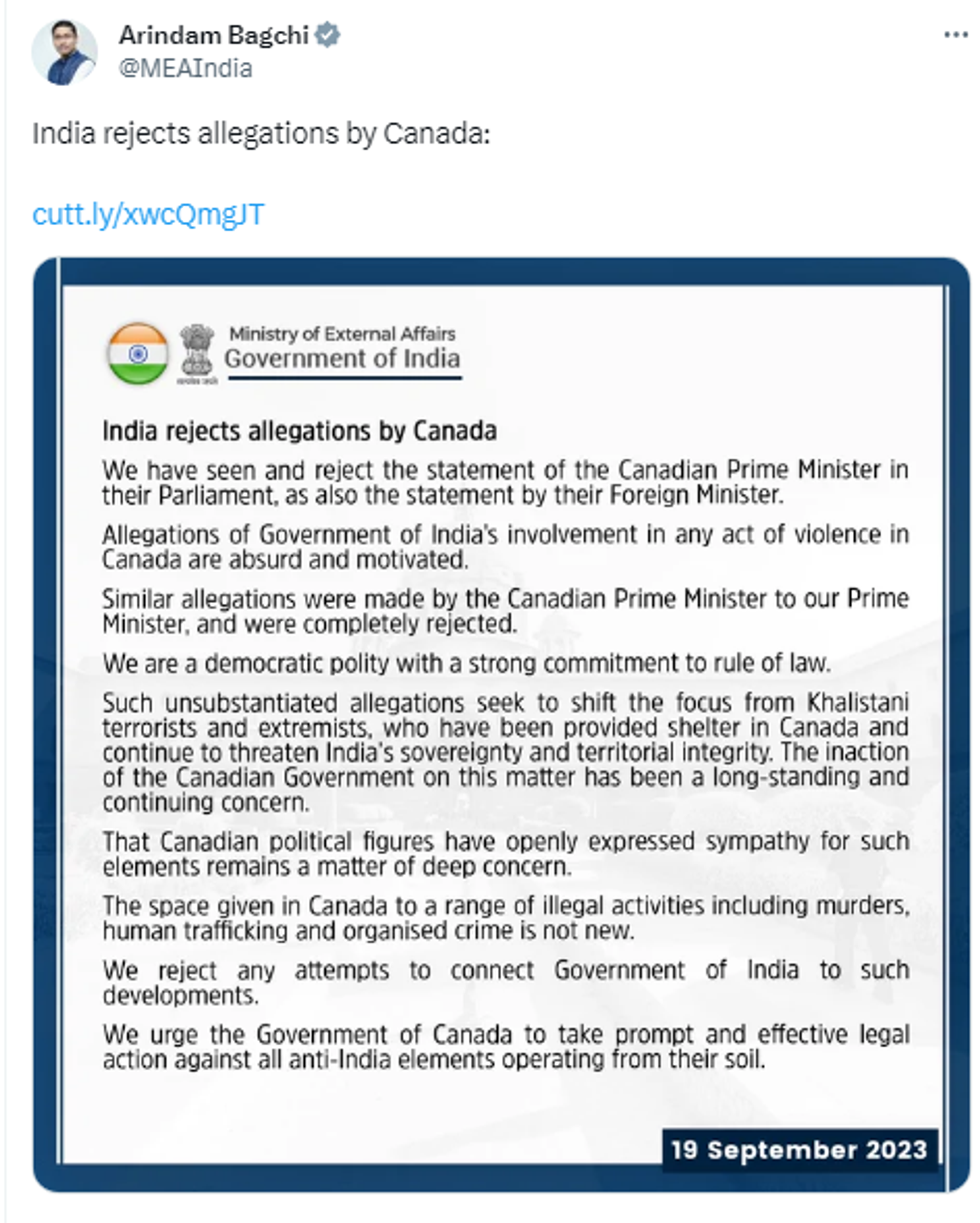 Screenshot of X post by Arindam Bagchi, the Official Spokesperson of the Ministry of External Affairs of India. Screenshot of X post by Arindam Bagchi, the Official Spokesperson of the Ministry of External Affairs of India. - Sputnik International, 1920, 19.09.2023