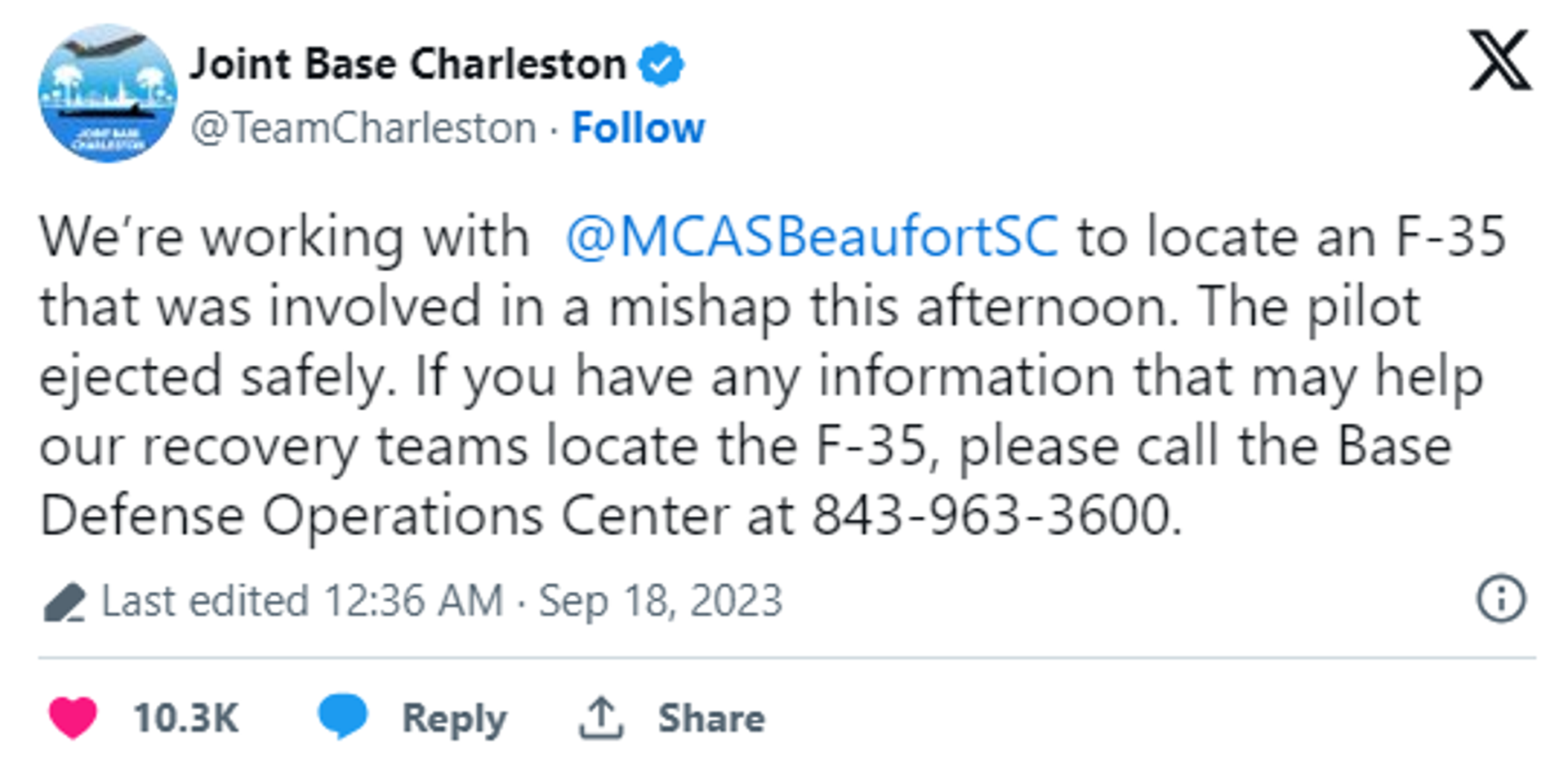 A message by Joint Base Charleston regardong F-35 incident. - Sputnik International, 1920, 19.09.2023