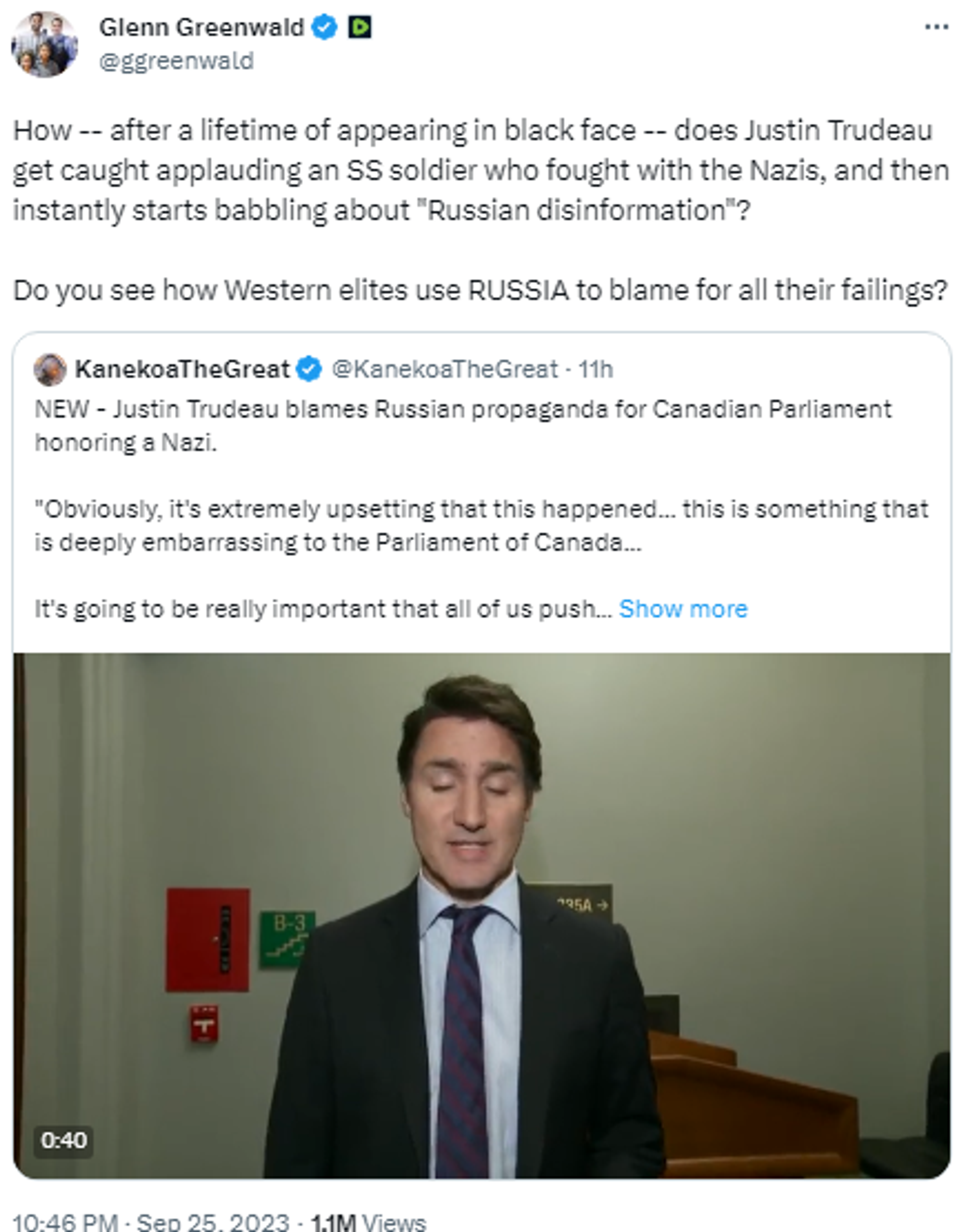 Screenshot of X post by American journalist Glenn Greenwald featuring link to footage of Prime Minister Justin Trudeau blaming Russian disinformation for a Ukrainian Nazi veteran being honored in the Canadian parliament. Screenshot of X post by American journalist Glenn Greenwald featuring link to footage of Prime Minister Justin Trudeau blaming Russian disinformation for a Ukrainian Nazi veteran being honored in the Canadian parliament. - Sputnik International, 1920, 26.09.2023