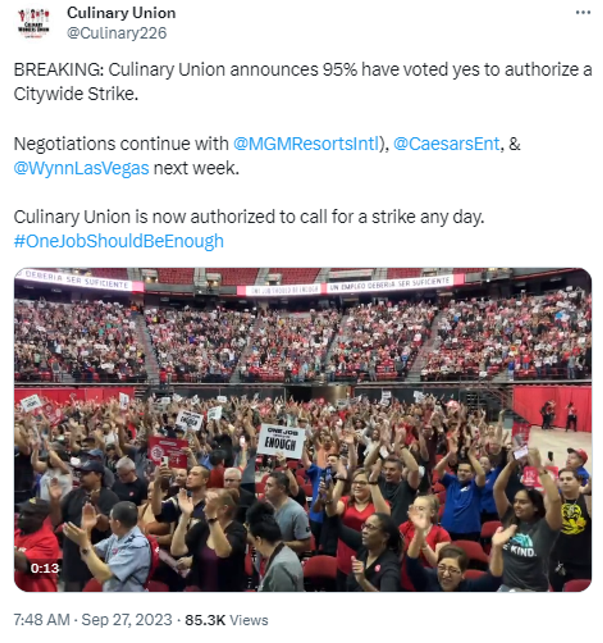 Screenshot of X post on September 27, 2023, by Culinary Union in nevada, US. - Sputnik International, 1920, 27.09.2023