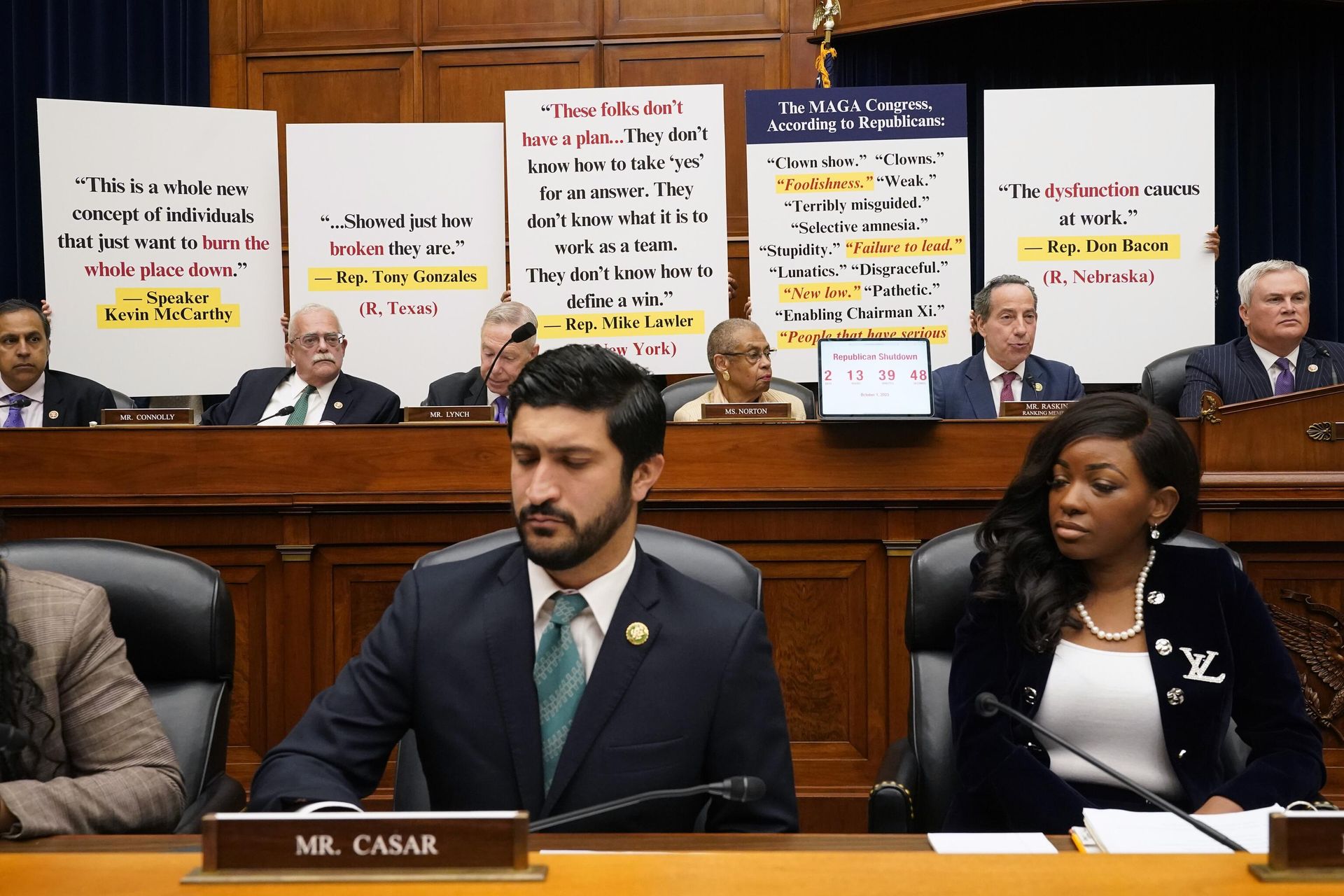 Ranking Member Rep. Jamie Raskin, D-Md., second right top, speaks on the Democratic side of the aisle, as the House Oversight Committee begins an impeachment inquiry into President Joe Biden, Thursday, Sept. 28, 2023, on Capitol Hill in Washington. Oversight Committee Chair James Comer, R-Ky., is seated top right. Ranking Member Rep. Jamie Raskin, D-Md., second right top, speaks on the Democratic side of the aisle, as the House Oversight Committee begins an impeachment inquiry into President Joe Biden, Thursday, Sept. 28, 2023, on Capitol Hill in Washington. Oversight Committee Chair James Comer, R-Ky., is seated top right. - Sputnik International, 1920, 28.09.2023