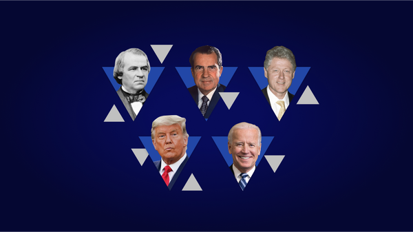 Five US Presidents have been impeached or threatened with impeachment charges. From left to right: Andrew Johnson, Donald Trump, Richard Nixon, Joe Biden, and Bill Clinton - Sputnik International