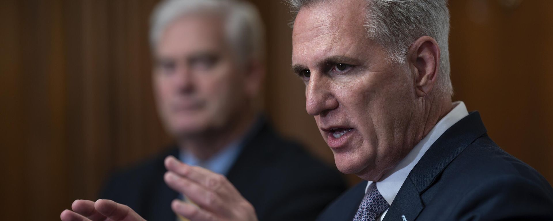 Speaker of the House Kevin McCarthy, R-Calif., joined by Majority Whip Tom Emmer, R-Minn., holds a news conference just after the House approved a 45-day funding bill to keep federal agencies open, but the measure must first go to the Senate, at the Capitol in Washington, Saturday, Sept. 30, 2023. - Sputnik International, 1920, 02.10.2023