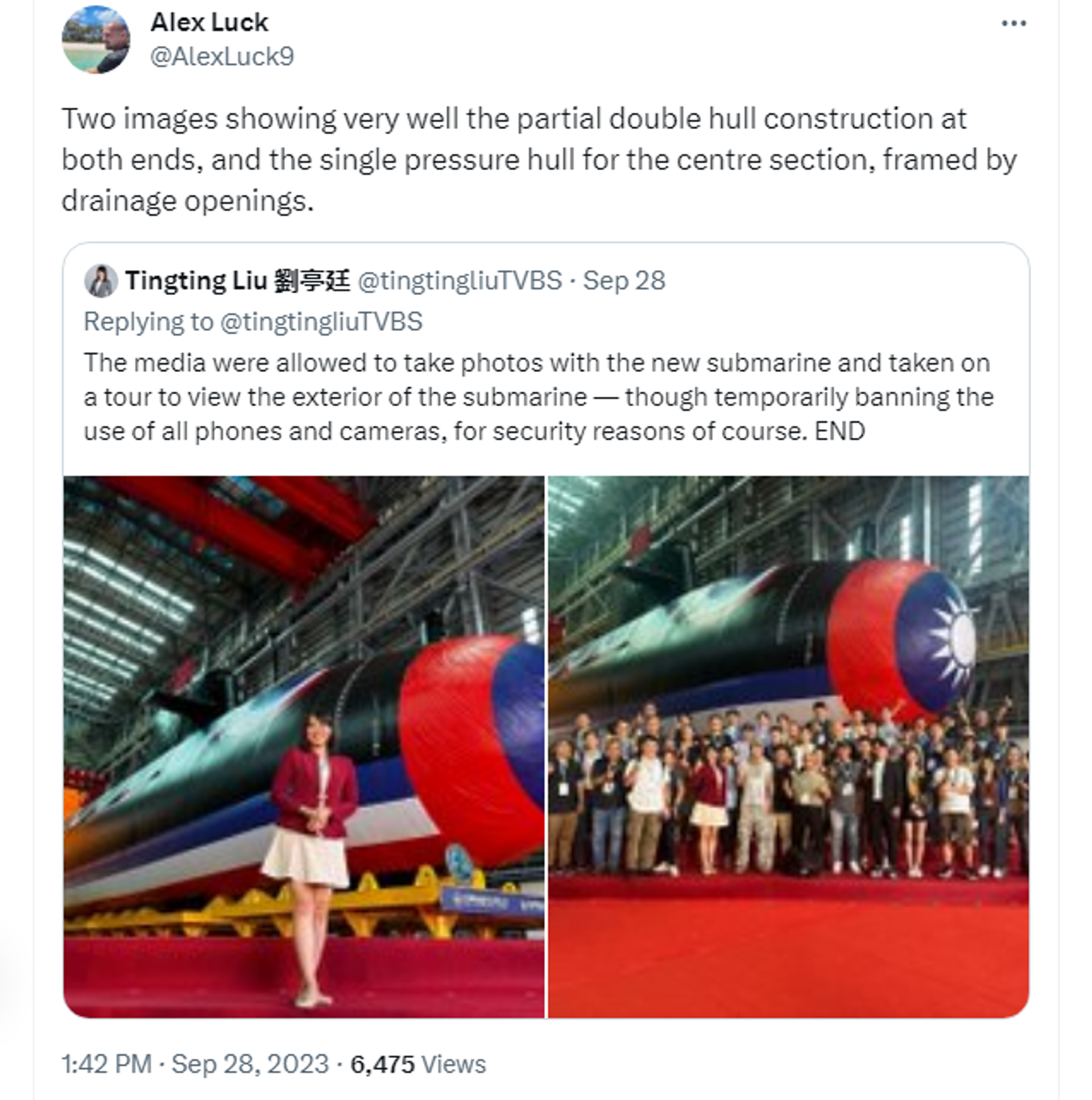 An X (formerly Twitter) screenshot of Taiwan's first domestically made submarine. - Sputnik International, 1920, 01.10.2023