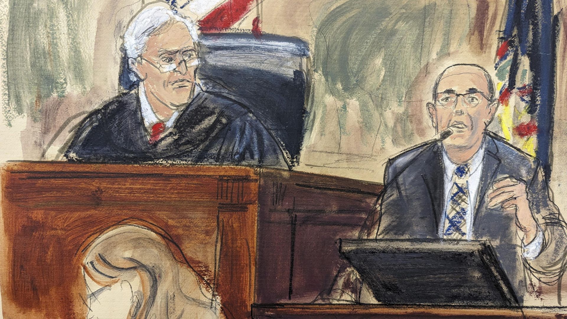 This courtroom sketch shows Judge Arthur Engoron, left, listening to testimony from accountant Donald Bender, right, during the fraud lawsuit trial of former President Donald Trump, Monday, Oct. 2, 2023, in New York. (AP Photo/Elizabeth Williams) This courtroom sketch shows Judge Arthur Engoron, left, listening to testimony from accountant Donald Bender, right, during the fraud lawsuit trial of former President Donald Trump, Monday, Oct. 2, 2023, in New York. (AP Photo/Elizabeth Williams) - Sputnik International, 1920, 03.10.2023
