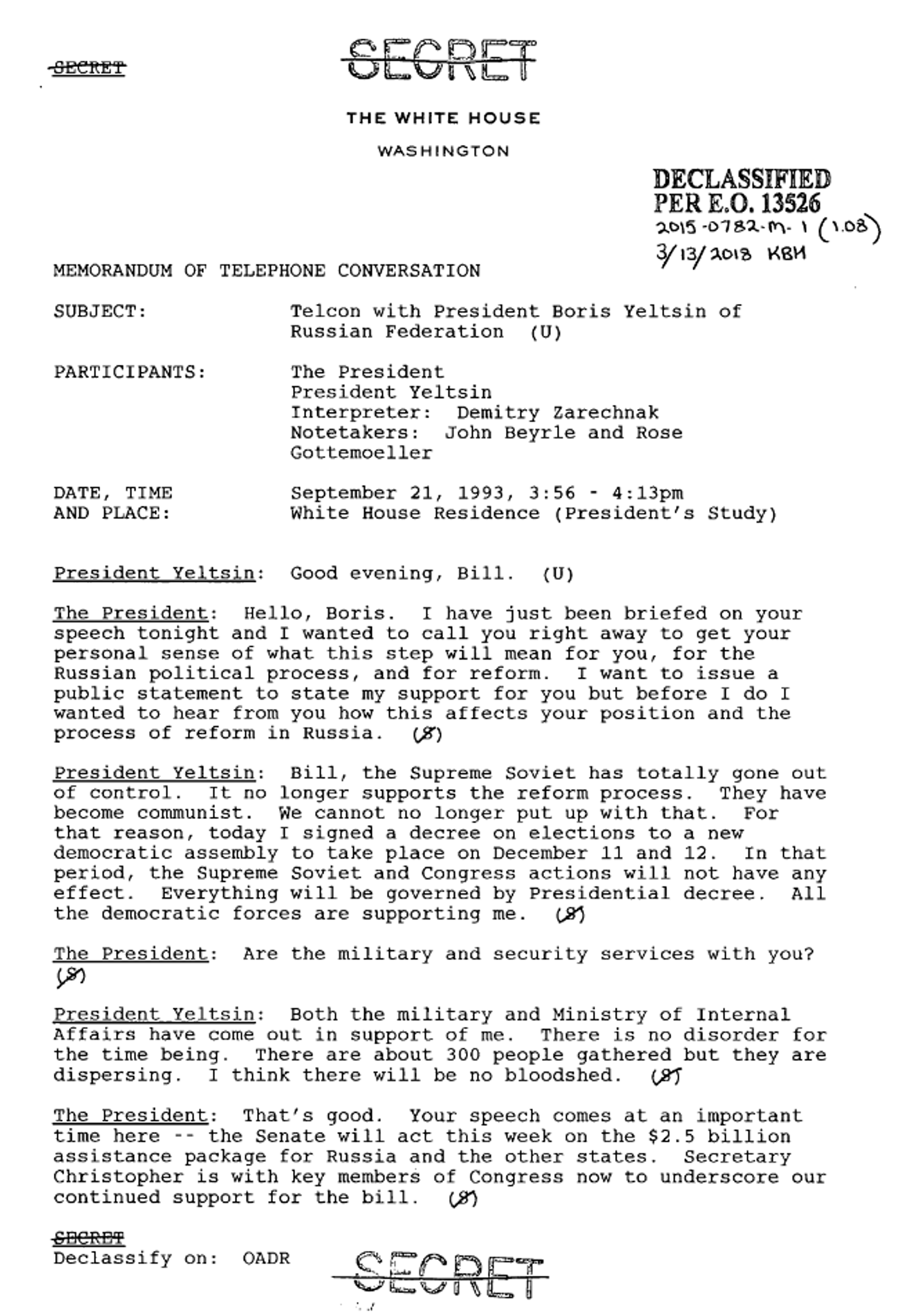 Declassified transcript of Clinton-Yeltsin phone call from September 21, 1993, featuring question from the US president on whether the security forces support Yeltsin amid the constitutional crisis. - Sputnik International, 1920, 03.10.2023