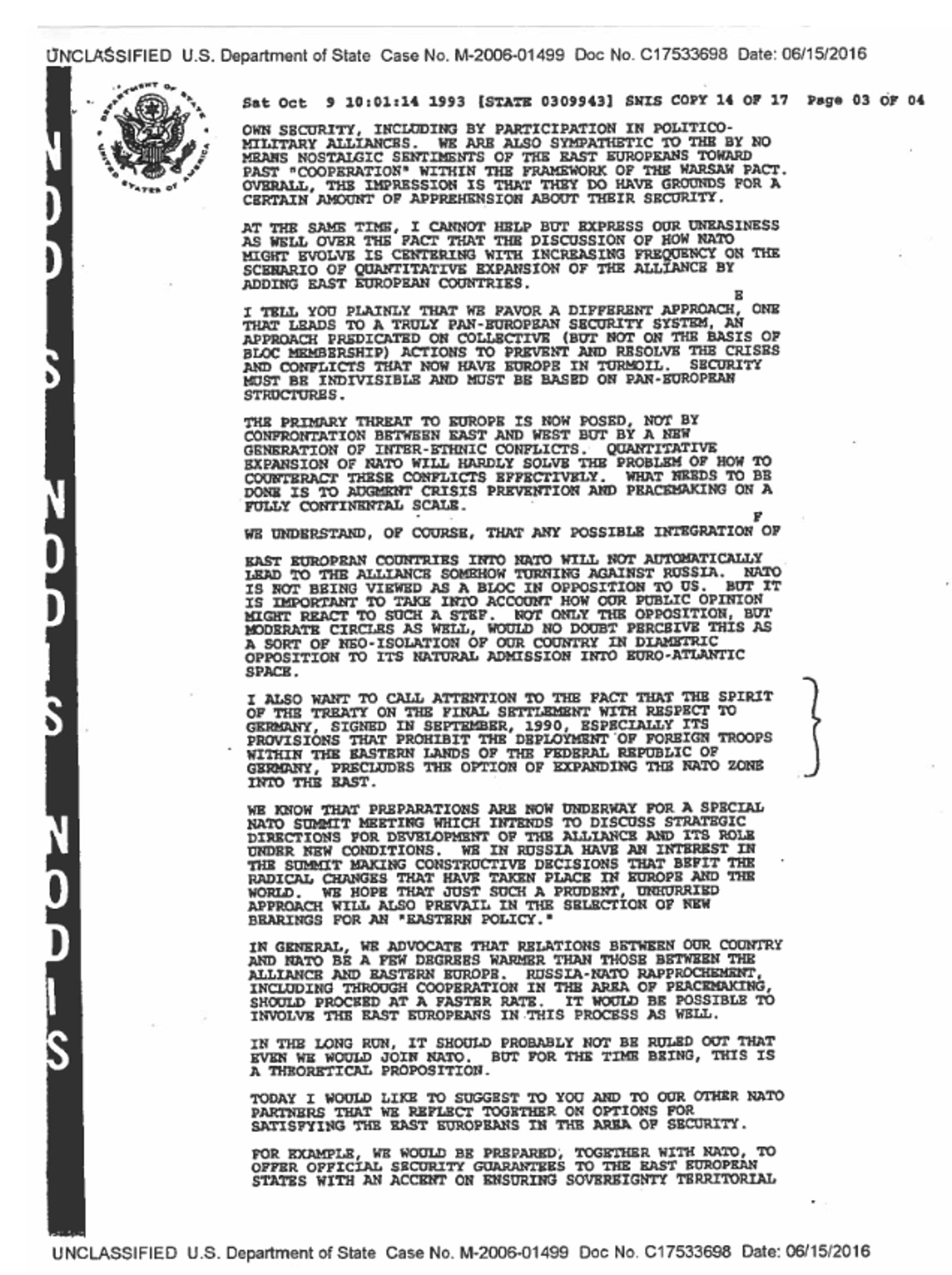 Excerpt from a letter by Russian President Boris Yeltsin to US President Bill Clinton urging the US to abandon the idea of expanding NATO in favor of a European-wide security system. - Sputnik International, 1920, 03.10.2023