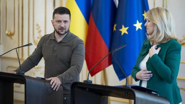 Slovak President Zuzana Caputova and Ukrainian President Volodymyr Zelensky give a joint press conference following talks at the Presidential Palace in Bratislava, Slovak Republic, on July 7, 2023. - Sputnik International