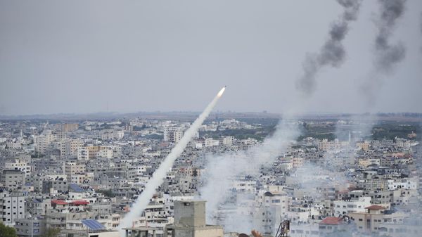 Rockets are launched by Palestinian militants from the Gaza Strip towards Israel, in Gaza, Saturday, Oct. 7, 2023.  - Sputnik International
