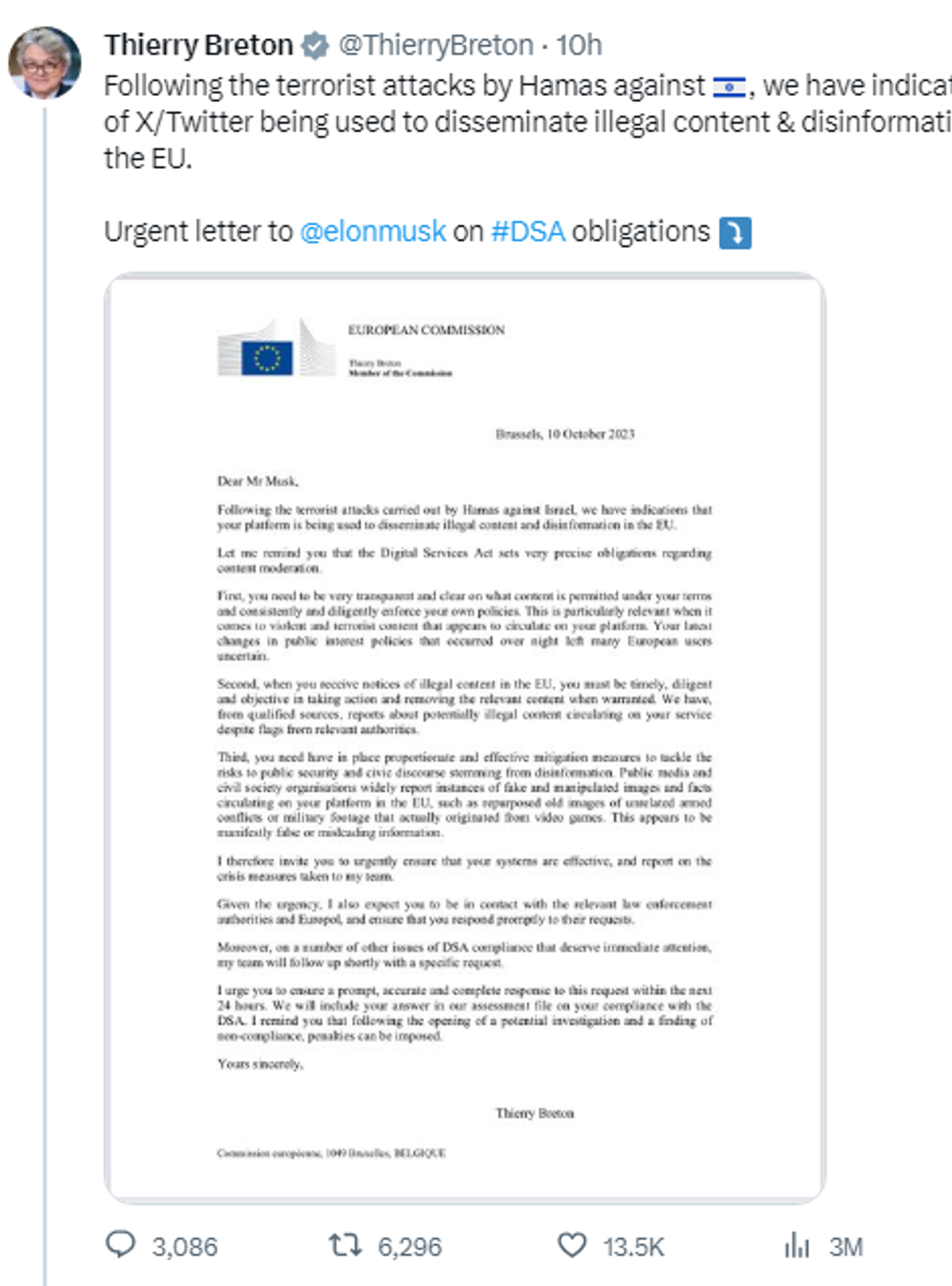 Screengrab of X post by Thierry Breton, Commissioner for Internal Market of the European Union. - Sputnik International, 1920, 11.10.2023
