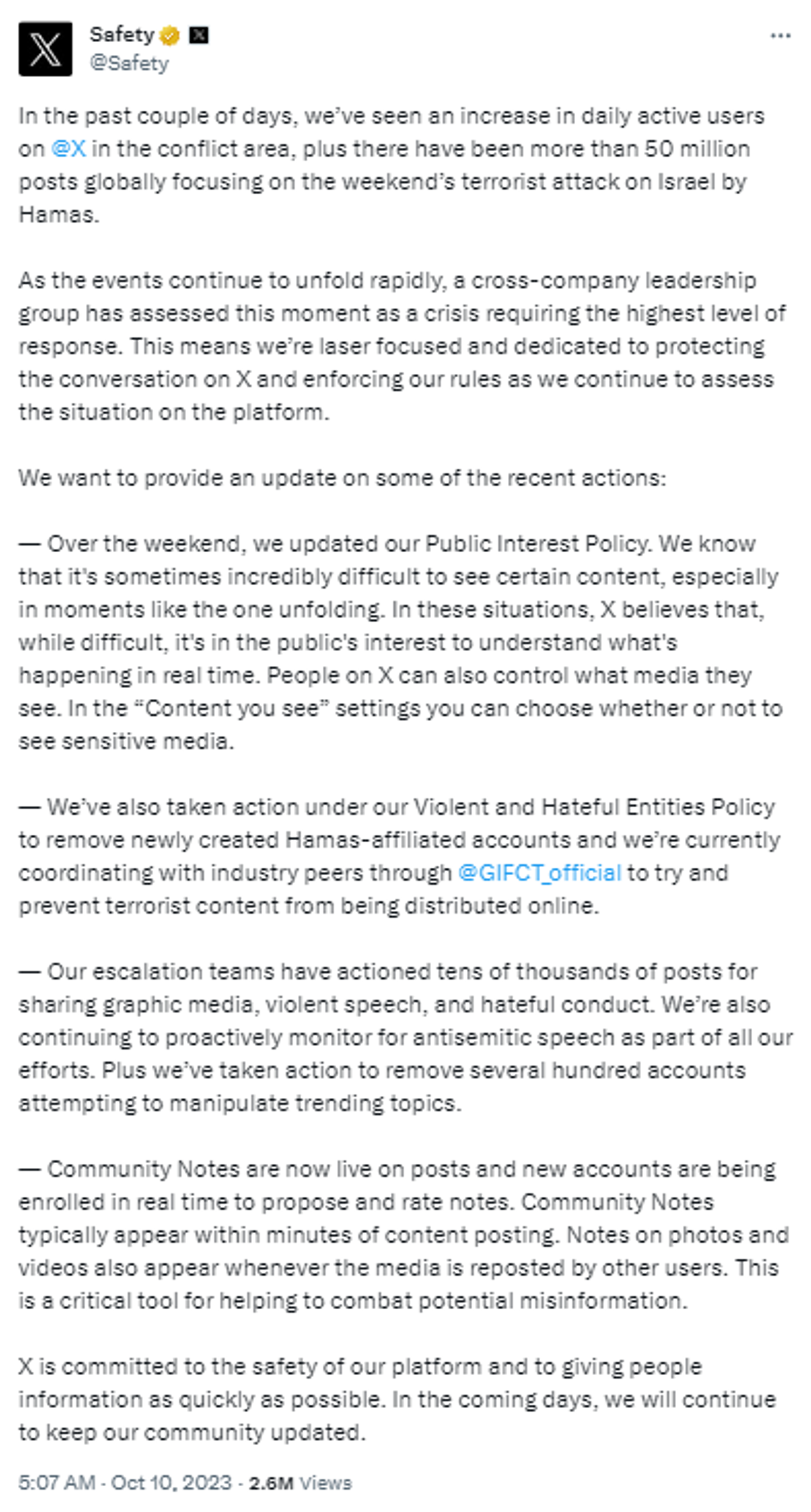 Screenshot of X post announcing the platform's revamped Public Interest Policy. - Sputnik International, 1920, 11.10.2023