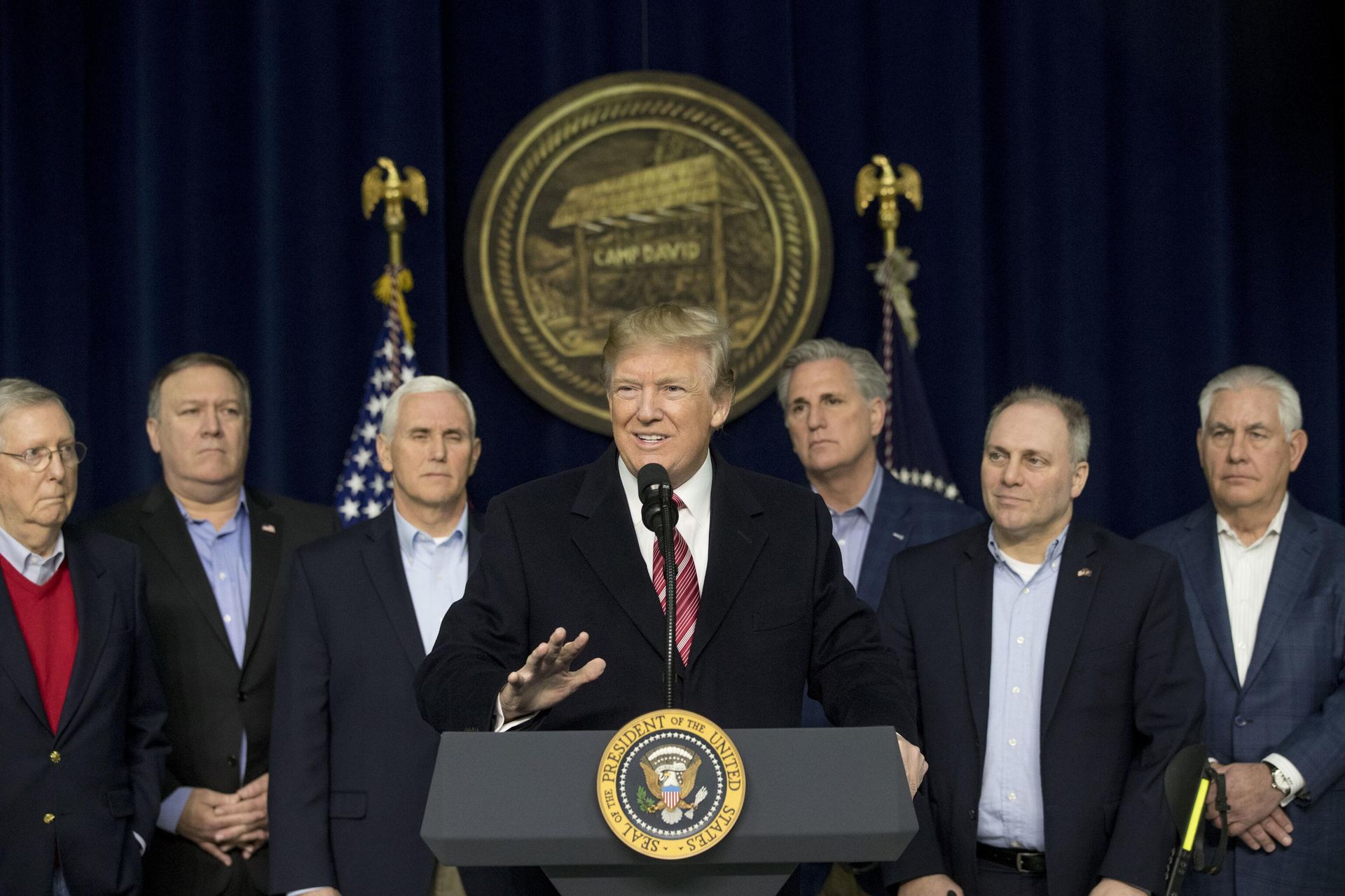 FILE - President Donald Trump, center, accompanied by from left, Senate Majority Leader Mitch McConnell of Ky., CIA Director Mike Pompeo, Vice President Mike Pence, House Majority Leader Kevin McCarthy of Calif., House Majority Whip Steve Scalise, R-La., Secretary of State Rex Tillerson, speaks after participating in a Congressional Republican Leadership Retreat at Camp David, Md., Jan. 6, 2018. FILE - President Donald Trump, center, accompanied by from left, Senate Majority Leader Mitch McConnell of Ky., CIA Director Mike Pompeo, Vice President Mike Pence, House Majority Leader Kevin McCarthy of Calif., House Majority Whip Steve Scalise, R-La., Secretary of State Rex Tillerson, speaks after participating in a Congressional Republican Leadership Retreat at Camp David, Md., Jan. 6, 2018. - Sputnik International, 1920, 11.10.2023