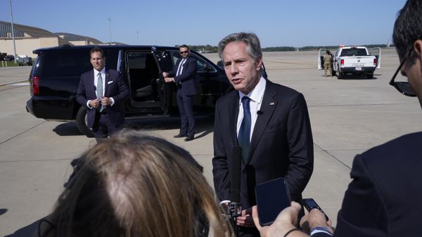 Secretary of State Antony Blinken speaks before boarding a plane, Wednesday Oct. 11, 2023, at Andrews Air Force Base, Md., en route to Israel. President Joe Biden is dispatching his top diplomat to Israel on an urgent mission to show U.S. support after the unprecedented attack by Hamas militants. - Sputnik International