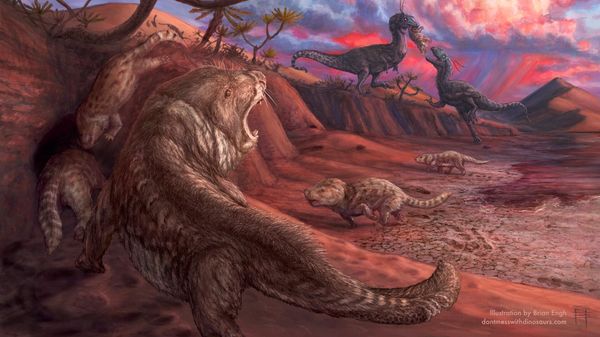 A painting depicting an Early Jurassic scene from the Navajo Sandstone desert preserved at Glen Canyon NRA. A small team of paleontologists worked with artist Brian Engh to provide a technically accurate depiction of the rare and enigmatic tritylodonts (close mammal relatives) discovered in March during low water levels of Lake Powell.  - Sputnik International