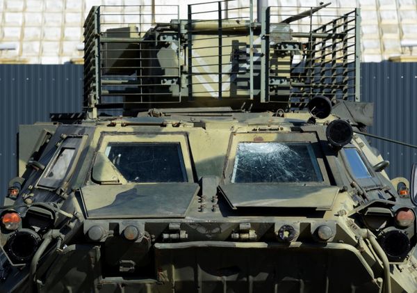 A captured Ukrainian IFV BTR-4E "Bucephalus" exhibited at the Republican Station Complex in Lugansk. - Sputnik International