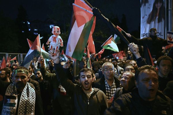 A demonstrator holds a doll with red paint during a rally in support of Palestinians, outside the US Consulate in Istanbul. - Sputnik International